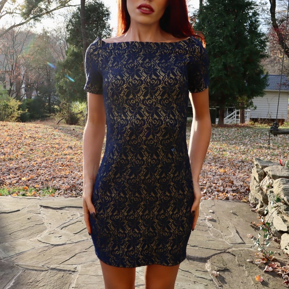 Lush Metallic Navy and Gold Off the Shoulder Brocade Minidress